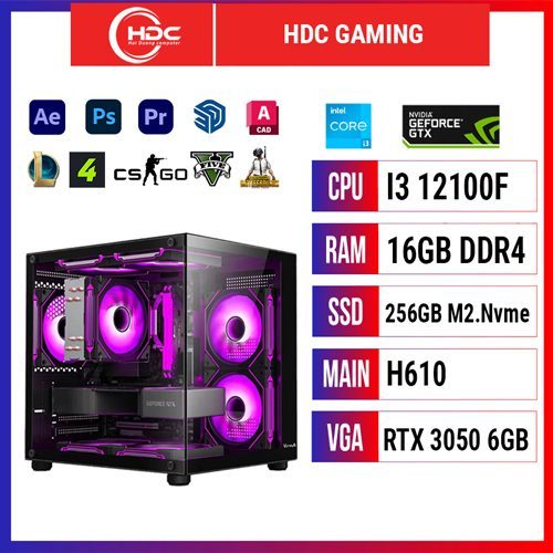PC HDC GAMING CPU Intel i3 12100F – RAM 16GB DDR4 – SSD 256GB – MAIN H610 - VGA RTX 3050 6GB